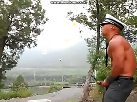 Chinese muscular suppliant jerking outdoor and load a huge cum from his gross dick
